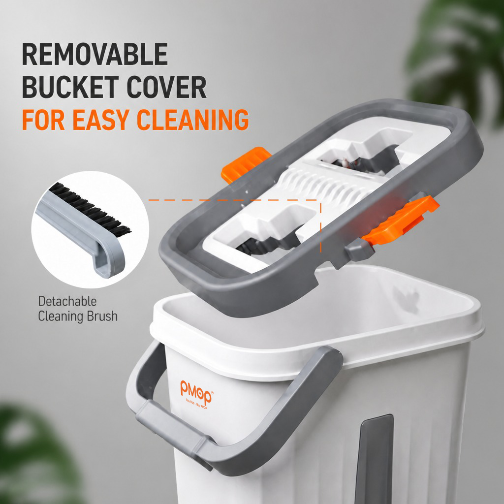 PMOP PREMIUM Self Wash Flat Mop With Bucket Brush and Scraper Dry Wet Separation Mop for Floor