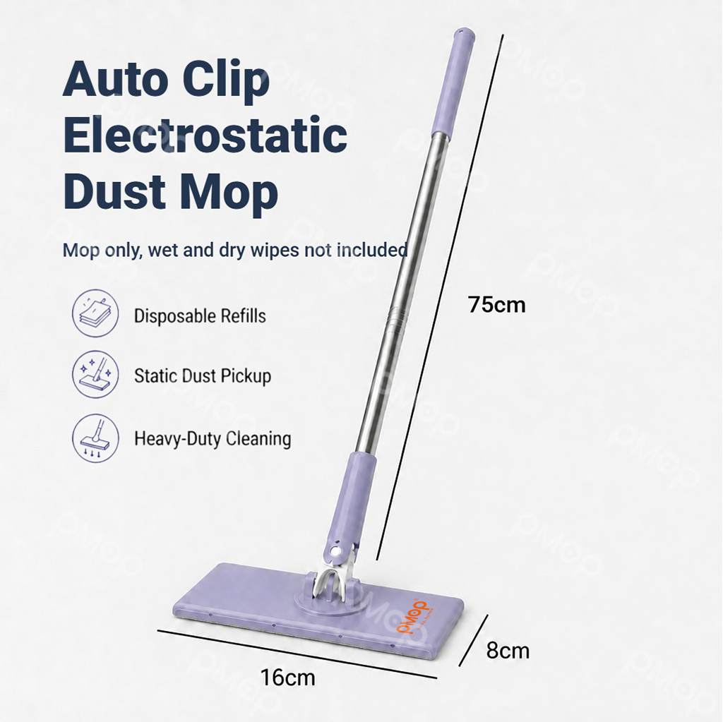 PMOP PREMIUM Disposable Auto Clip Electrostatic Dust Mop for Floor Cleaning with Wet Dry Paper Wipes