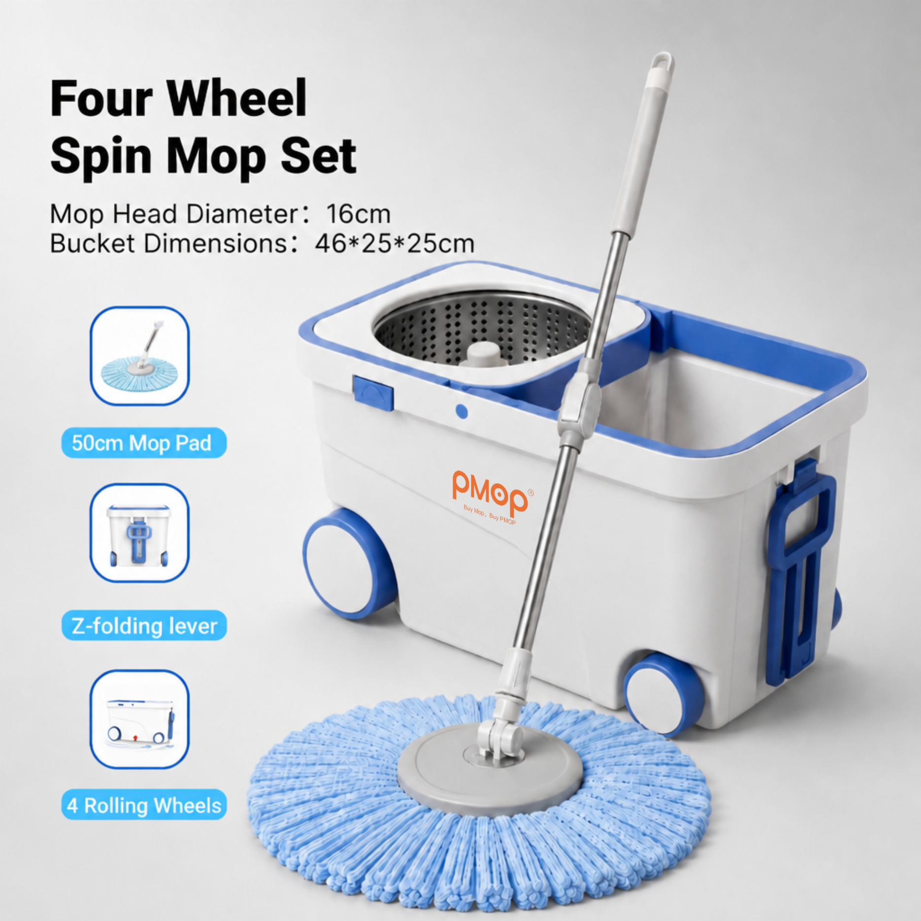 PMOP PREMIUM Mop with Spinner 4 Rolling Wheels and Foldable Handle Spin Mop for floor cleaning