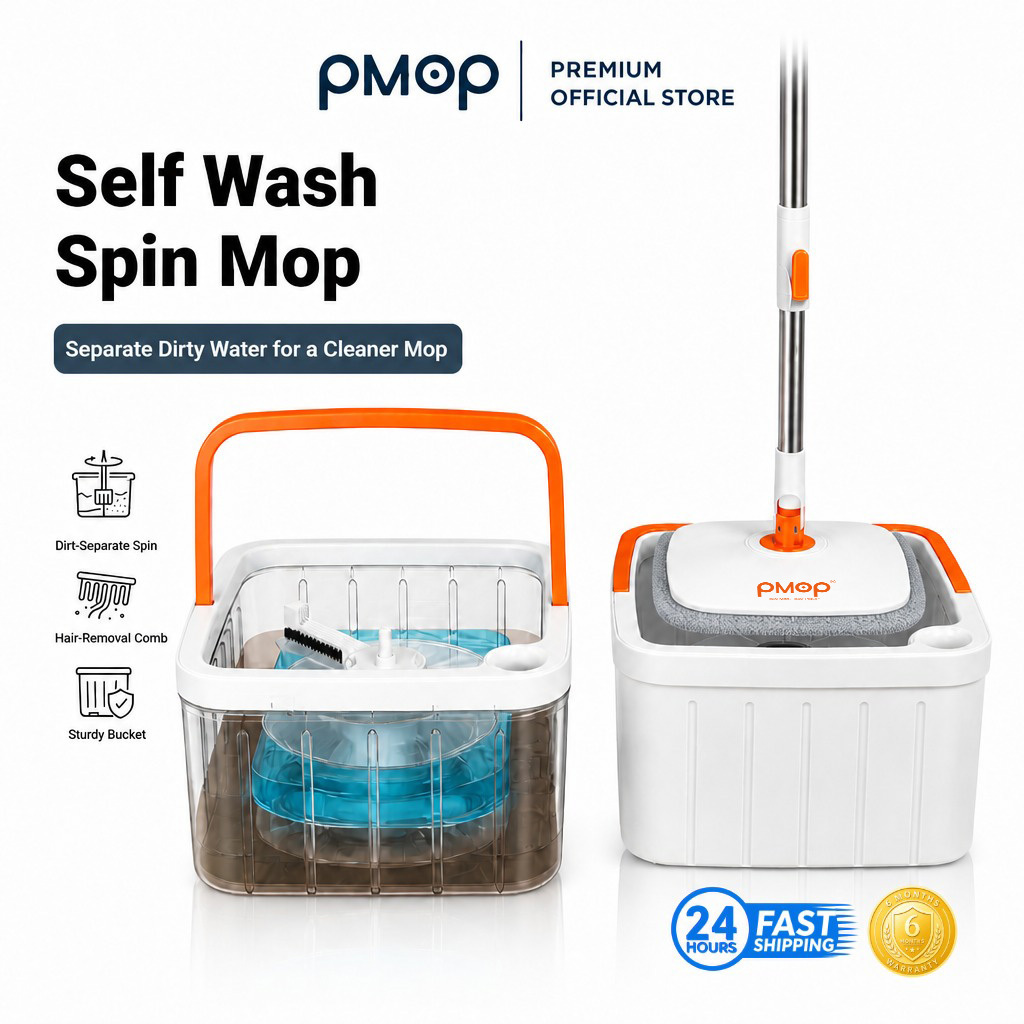 PMOP PREMIUM Self Wash Spin Mop with 3 Types of Mop Heads Clean Dirty Water Separation Mop for Floor