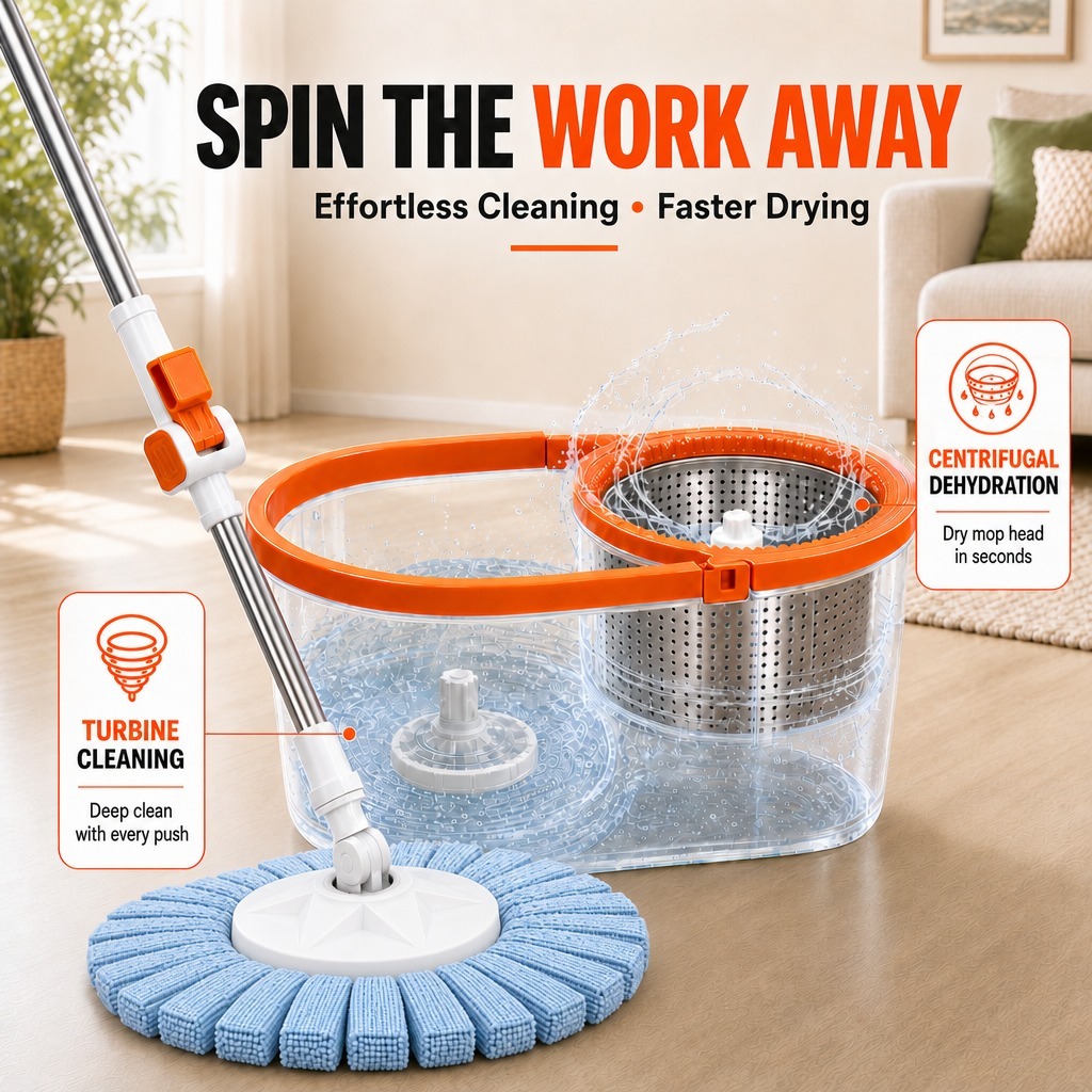 PMOP PREMIUM Spin Mop with Easy-Lift Basket Absorbent Cloth and Thick Pole Mop for Floor Cleaning