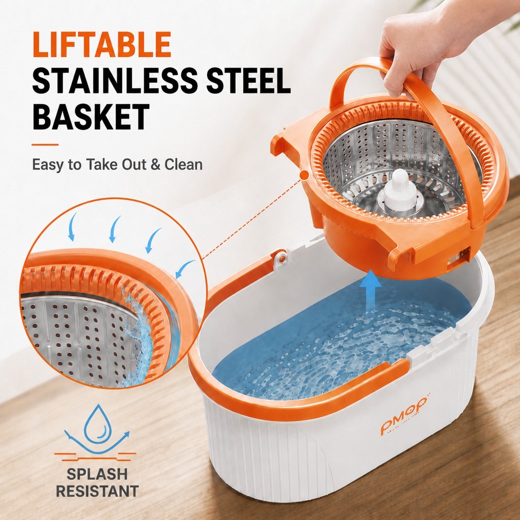 PMOP PREMIUM Spin Mop with Easy-Lift Basket Absorbent Cloth and Thick Pole Mop for Floor Cleaning