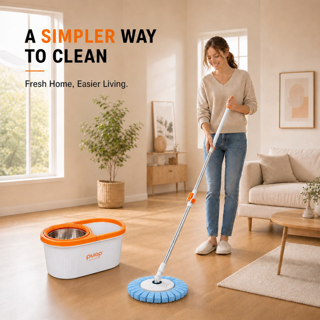 PMOP PREMIUM Spin Mop with Easy-Lift Basket Absorbent Cloth and Thick Pole Mop for Floor Cleaning
