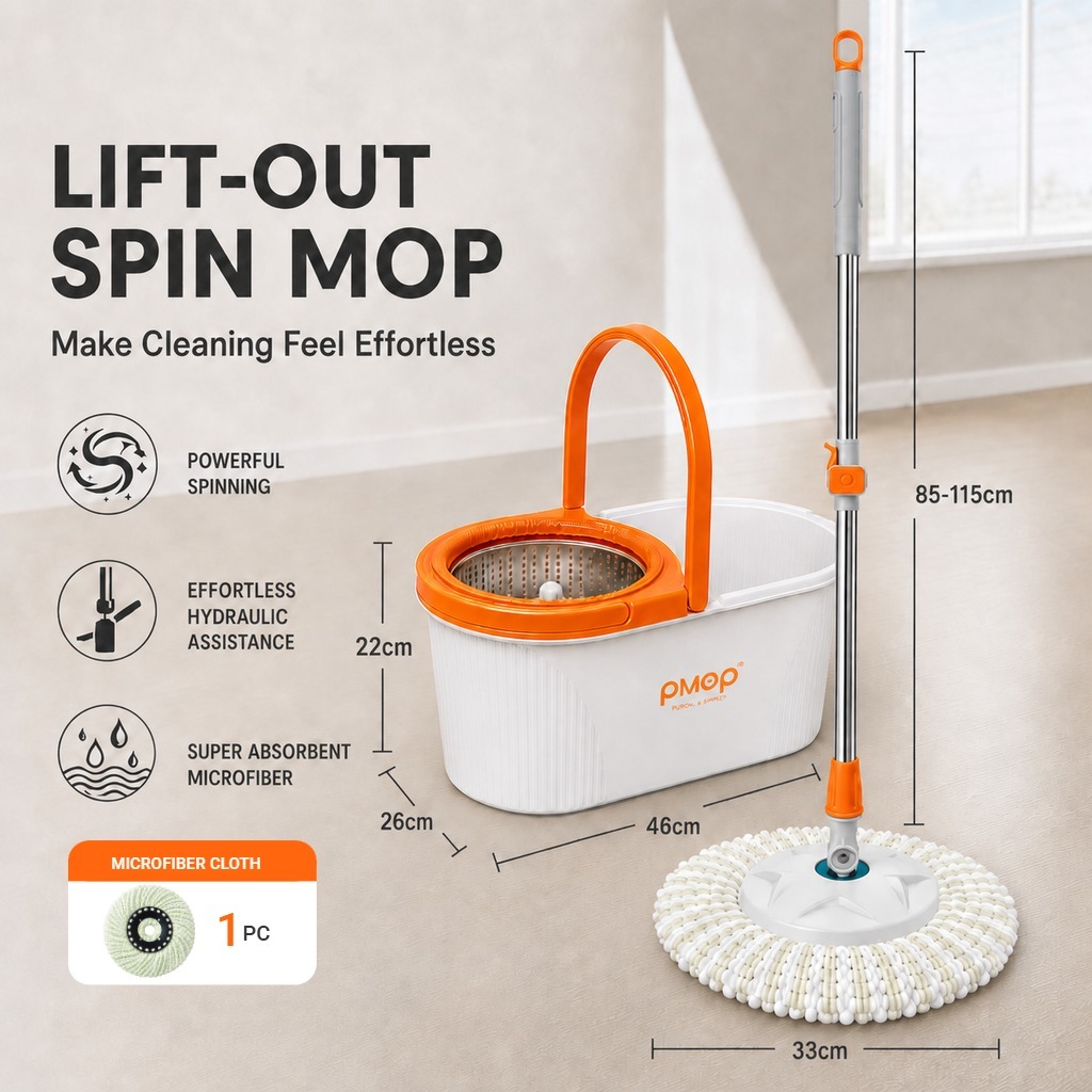 PMOP PREMIUM Spin Mop with Easy-Lift Basket Absorbent Cloth and Thick Pole Mop for Floor Cleaning