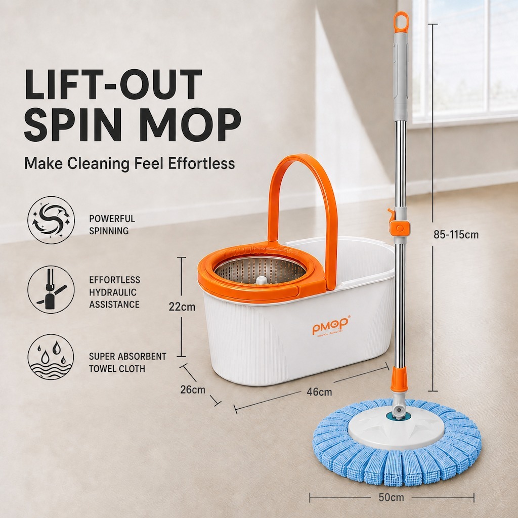 PMOP PREMIUM Spin Mop with Easy-Lift Basket Absorbent Cloth and Thick Pole Mop for Floor Cleaning