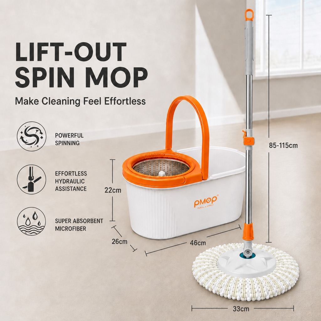 PMOP PREMIUM Spin Mop with Easy-Lift Basket Absorbent Cloth and Thick Pole Mop for Floor Cleaning