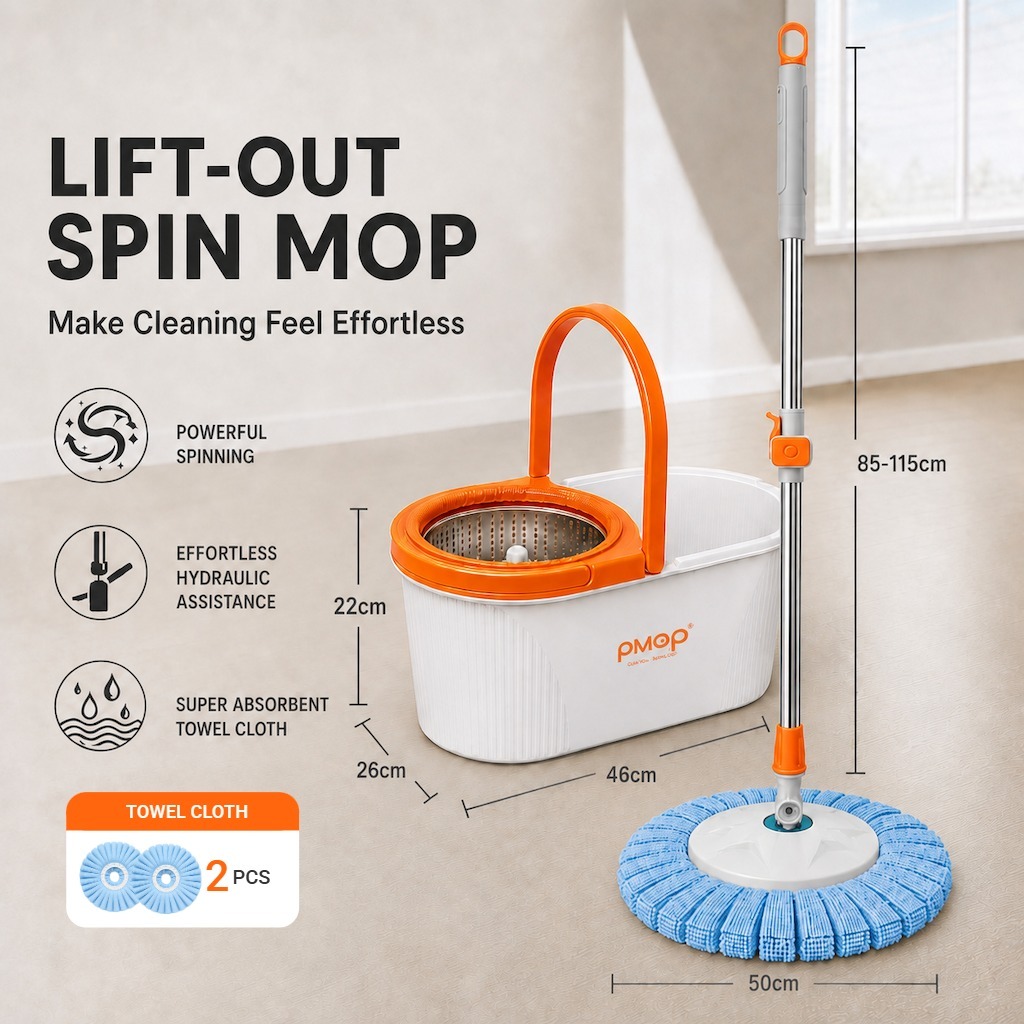 PMOP PREMIUM Spin Mop with Easy-Lift Basket Absorbent Cloth and Thick Pole Mop for Floor Cleaning