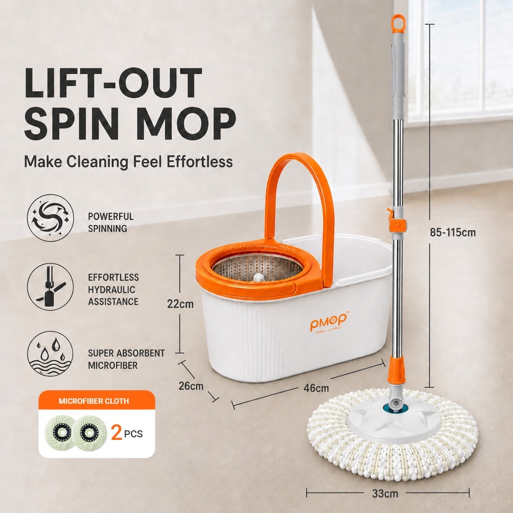 PMOP PREMIUM Spin Mop with Easy-Lift Basket Absorbent Cloth and Thick Pole Mop for Floor Cleaning