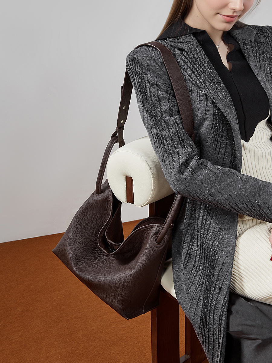 Bucket Bag with Basket Design, Premium Top-Layer Cowhide Material, 2026 New Style Large Capacity Casual Tote Bag, Crossbody Bag