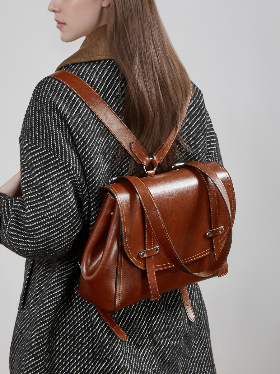 New leather women's bag versatile large capacity backpack women's single shoulder crossbody bag oil wax cowhide bag
