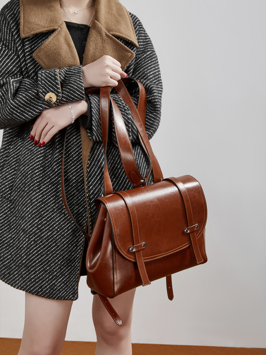 New leather women's bag versatile large capacity backpack women's single shoulder crossbody bag oil wax cowhide bag