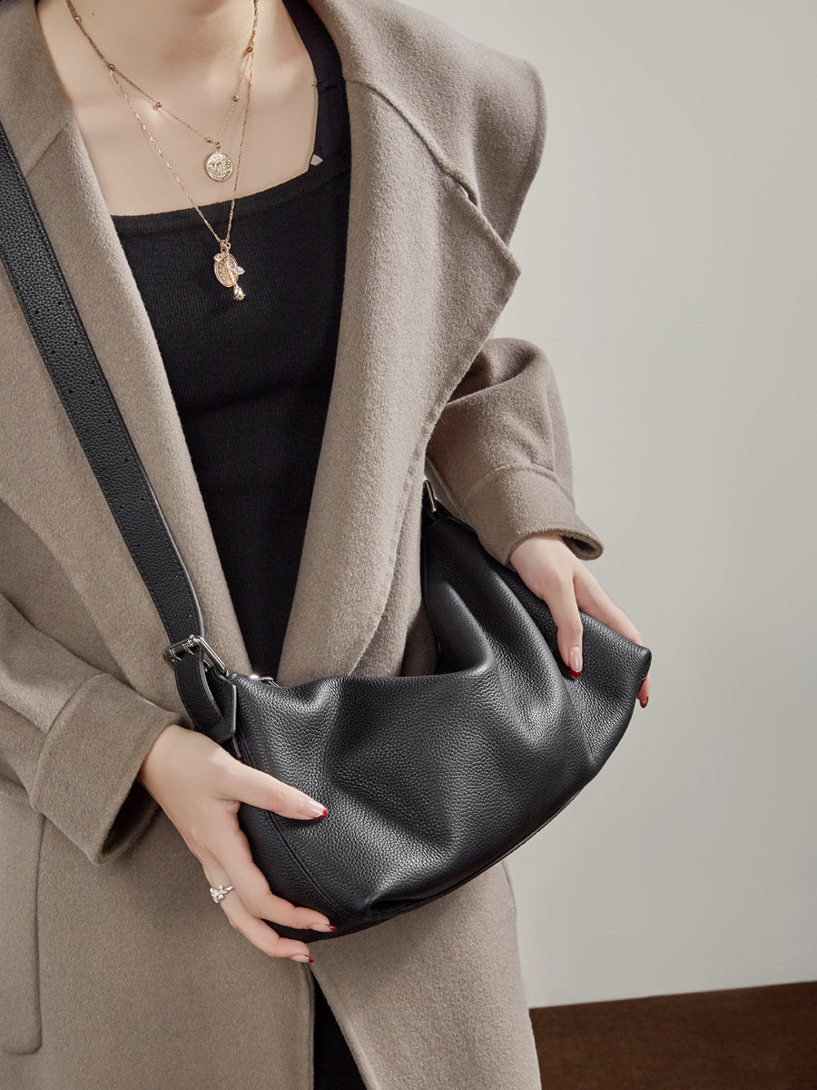 Women's Vegetable Tanned Cowhide Hobo Bag 2026, Full-Grain Leather Top Handle Shoulder Crossbody Purse with Buckle Detail Dumpling Handbag