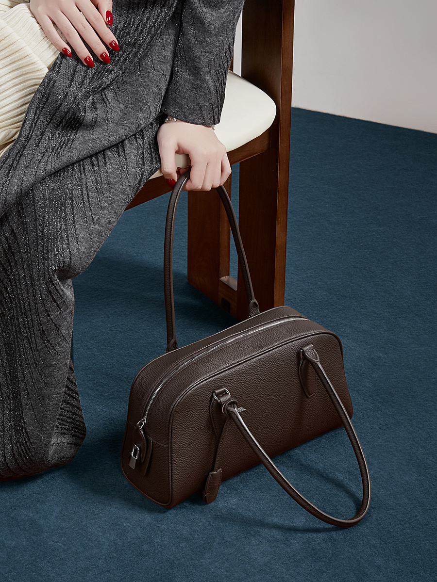 Wholesale Bowling Boston Bag | Top Layer Cowhide Long Handle Shoulder Bag | Louis Bags