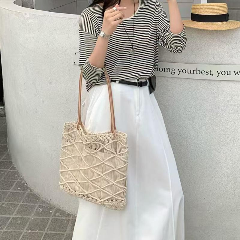 Handmade Wax Rope Woven Bucket Bag 2026 New Summer Vacation Hollow Breathable Tote Large Capacity Beach Bag OEM
