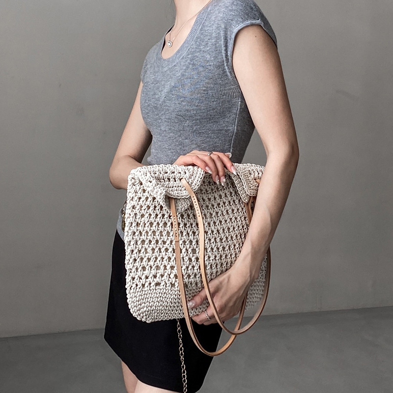 Handmade Wax Rope Woven Hollow Bucket Bag 2026 Summer Vacation Casual Beige Beach Shoulder Bag OEM