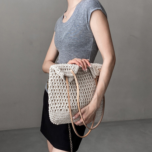 Handmade Wax Rope Woven Hollow Bucket Bag 2026 Summer Vacation Casual Beige Beach Shoulder Bag OEM