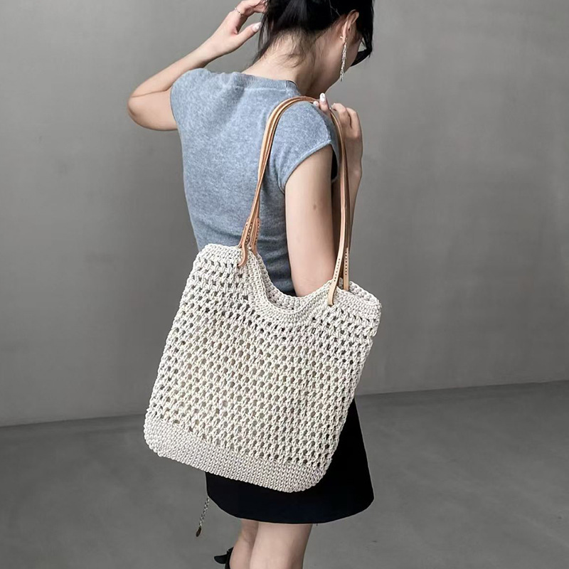 Handmade Wax Rope Woven Hollow Bucket Bag 2026 Summer Vacation Casual Beige Beach Shoulder Bag OEM