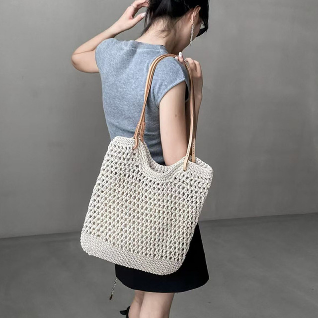 Handmade Wax Rope Woven Hollow Bucket Bag 2026 Summer Vacation Casual Beige Beach Shoulder Bag OEM