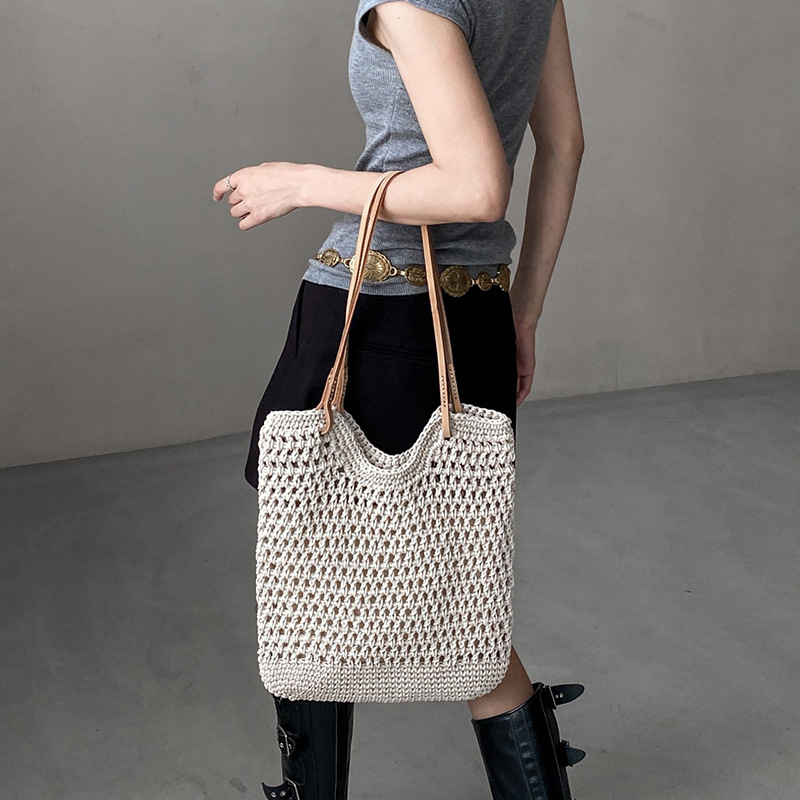 Handmade Wax Rope Woven Hollow Bucket Bag 2026 Summer Vacation Casual Beige Beach Shoulder Bag OEM