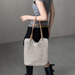 Handmade Wax Rope Woven Hollow Bucket Bag 2026 Summer Vacation Casual Beige Beach Shoulder Bag OEM