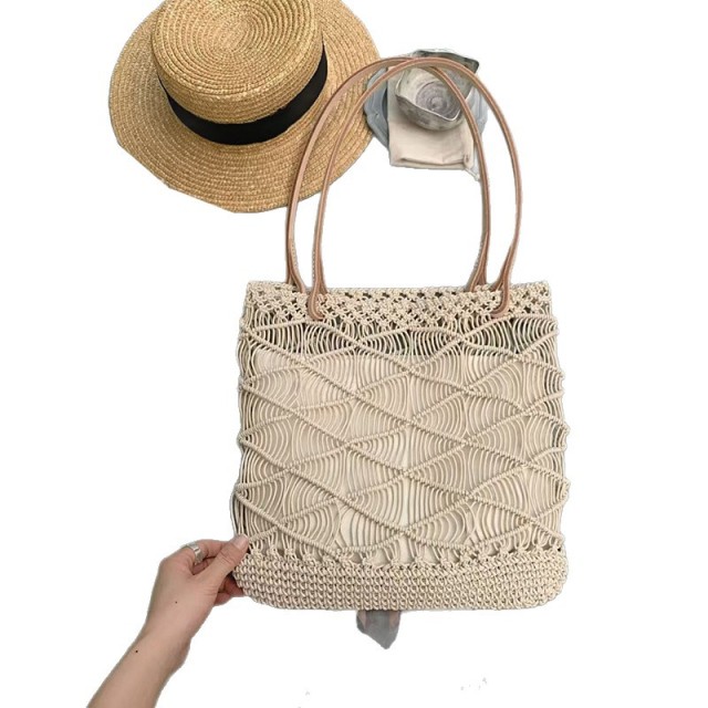 Handmade Wax Rope Woven Bucket Bag 2026 New Summer Vacation Hollow Breathable Tote Large Capacity Beach Bag OEM