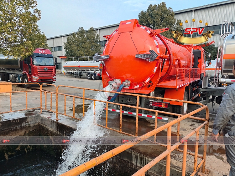12,000 Litres Sewage Disposal Truck Discharging Water Via Rear Outlet Valve
