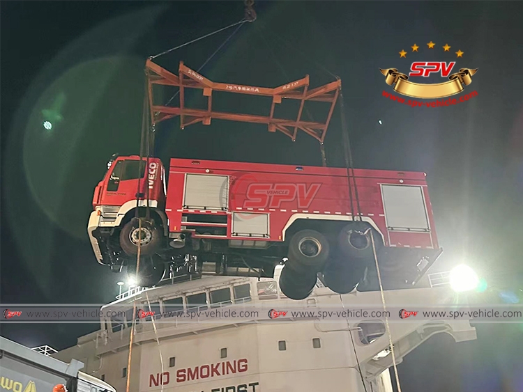 One of Fire Fighting Truck Loaded onto Board of Vessel