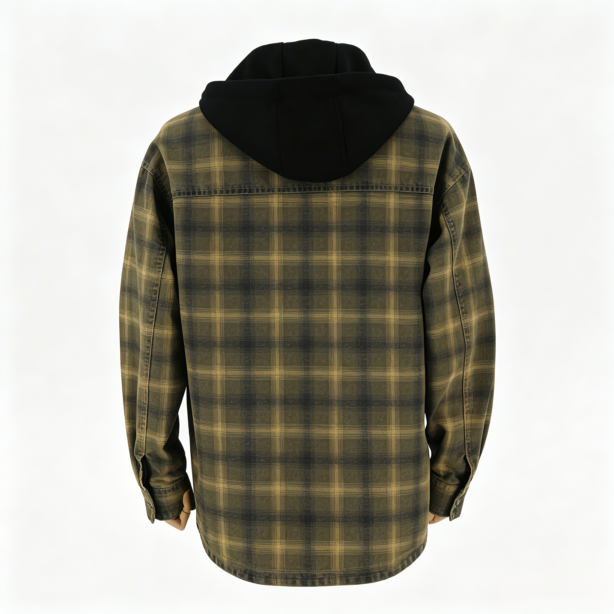 Vintage Washed Olive Plaid Hooded Shirt Jacket  ODM Service – Custom Size, Logo & Style Available