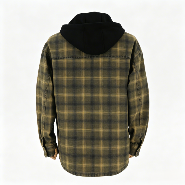 Vintage Washed Olive Plaid Hooded Shirt Jacket  ODM Service – Custom Size, Logo & Style Available