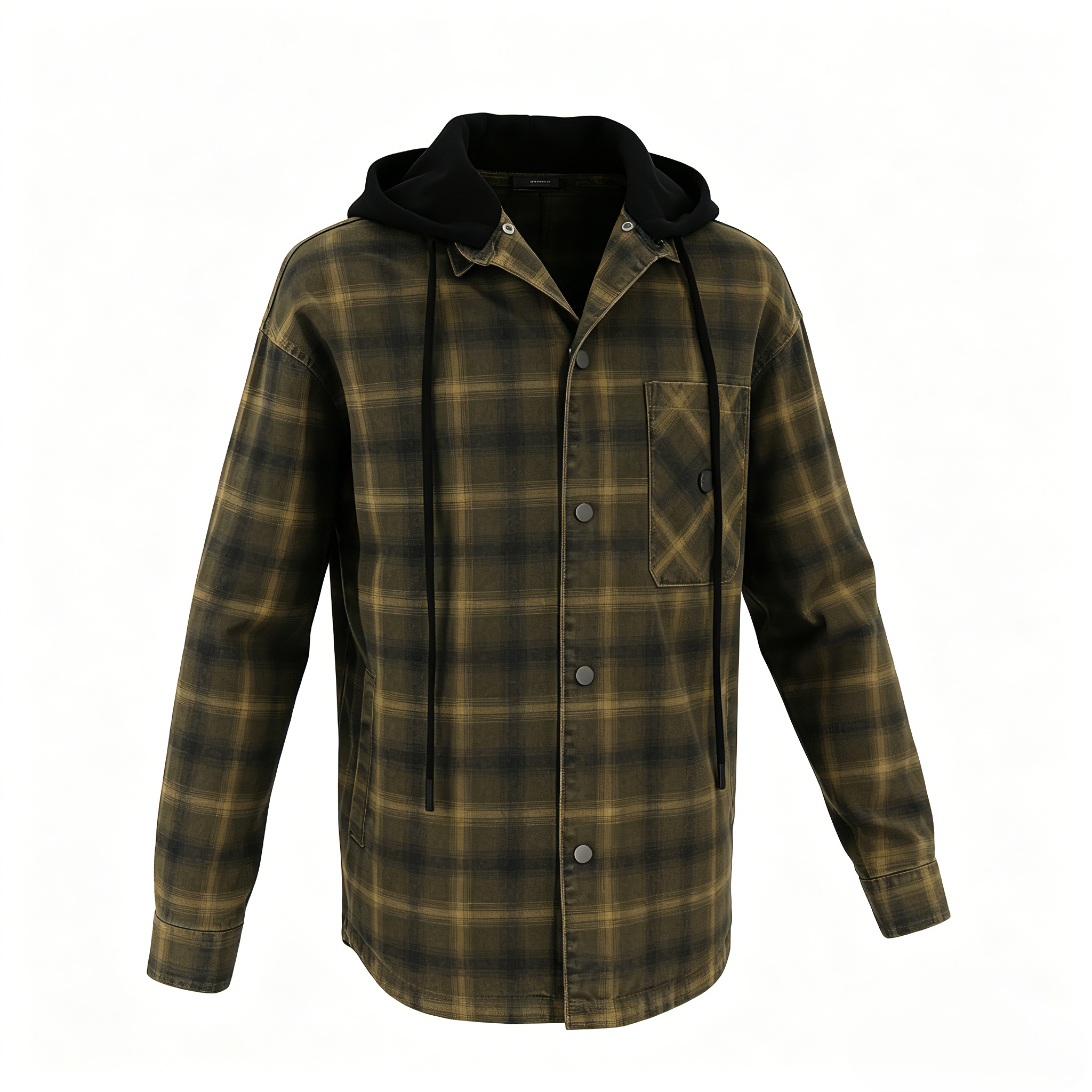 Vintage Washed Olive Plaid Hooded Shirt Jacket  ODM Service – Custom Size, Logo & Style Available