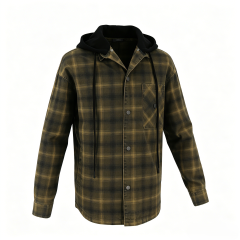 Vintage Washed Olive Plaid Hooded Shirt Jacket  ODM Service – Custom Size, Logo & Style Available
