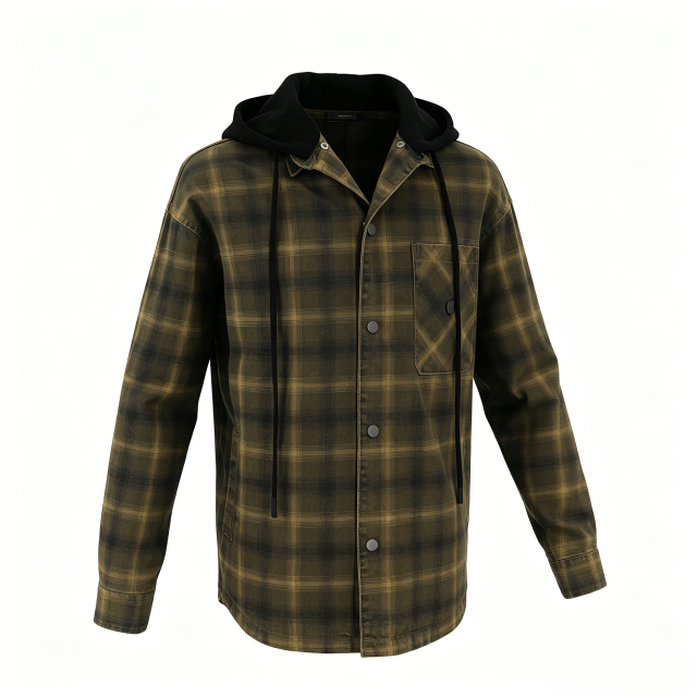 Vintage Washed Olive Plaid Hooded Shirt Jacket  ODM Service – Custom Size, Logo & Style Available