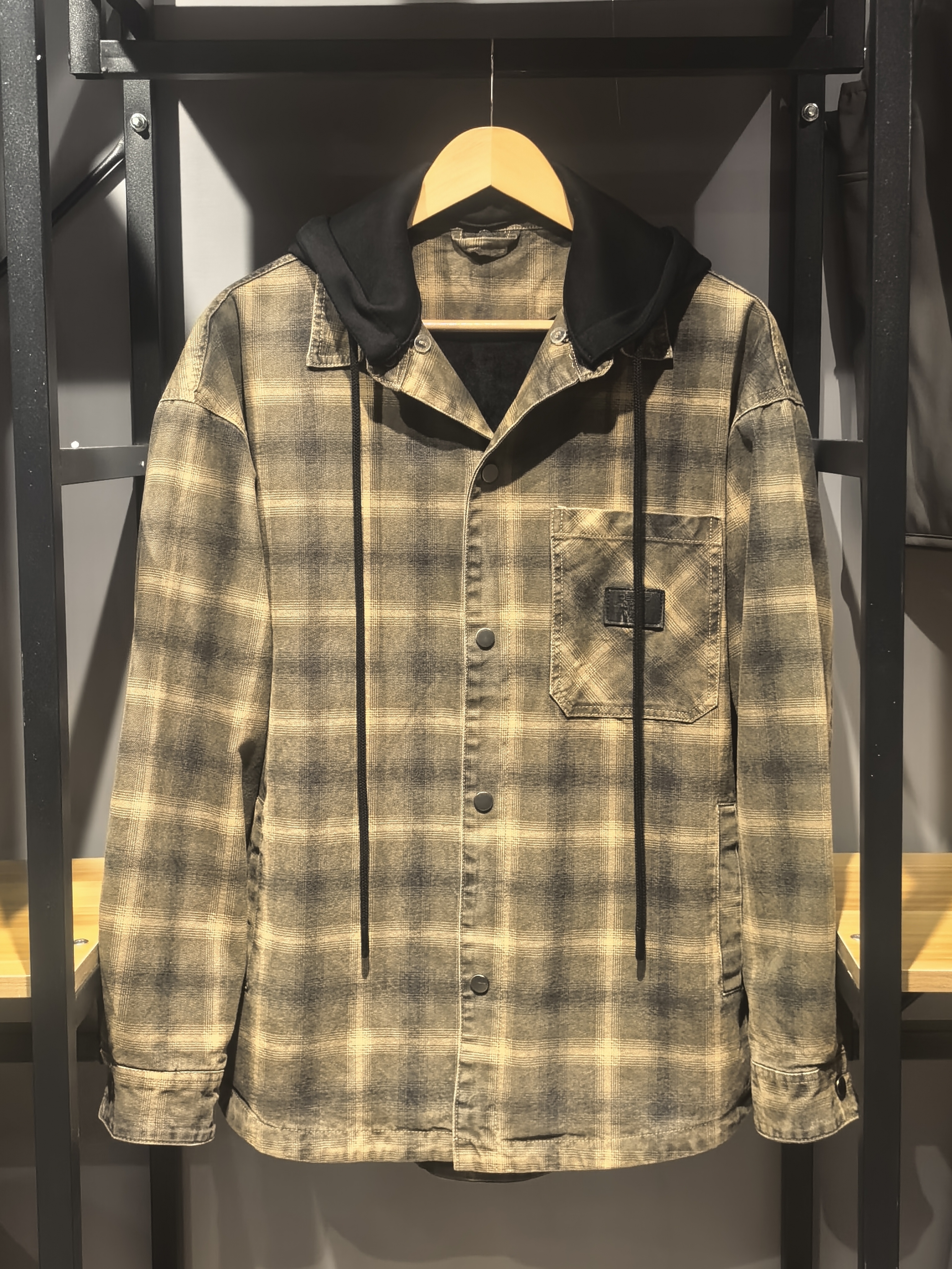 Vintage Washed Olive Plaid Hooded Shirt Jacket  ODM Service – Custom Size, Logo & Style Available
