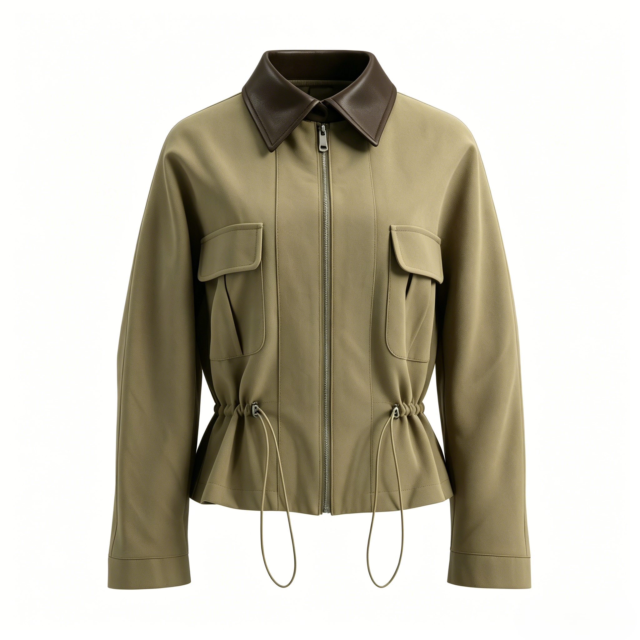 Women's Olive Contrast Leather Collar Utility Jacket  ODM Service – Custom Size, Logo & Style Available