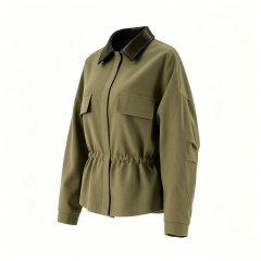 Women's Olive Contrast Leather Collar Utility Jacket  ODM Service – Custom Size, Logo & Style Available