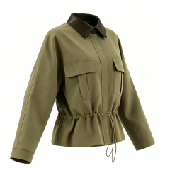 Women's Olive Contrast Leather Collar Utility Jacket  ODM Service – Custom Size, Logo & Style Available