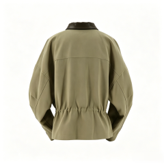Women's Olive Contrast Leather Collar Utility Jacket  ODM Service – Custom Size, Logo & Style Available