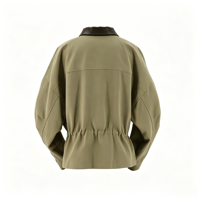 Women's Olive Contrast Leather Collar Utility Jacket  ODM Service – Custom Size, Logo & Style Available