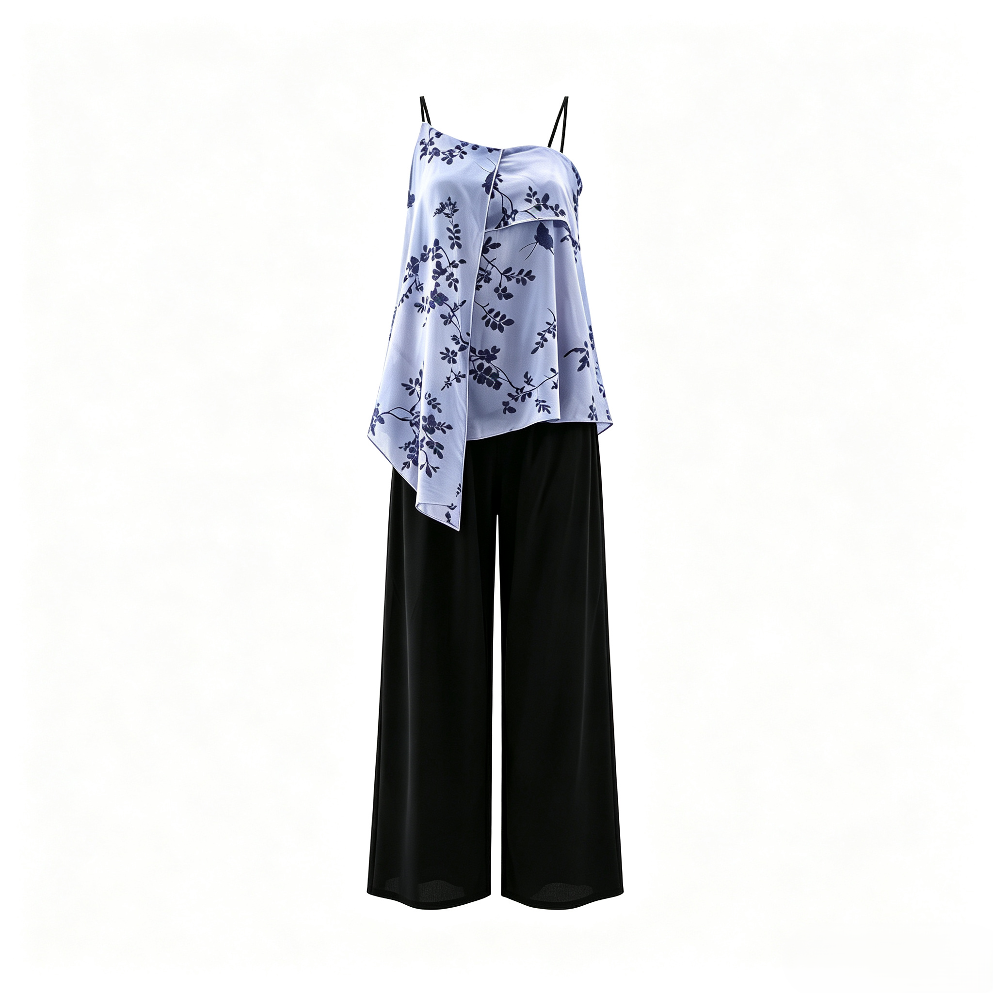 Elegant Blue Vine Print Irregular Camisole Black Loose Wide Leg Trousers Homewear Set   ODM Service – Custom Size, Logo & Style Available