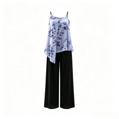 Elegant Blue Vine Print Irregular Camisole Black Loose Wide Leg Trousers Homewear Set   ODM Service – Custom Size, Logo & Style Available