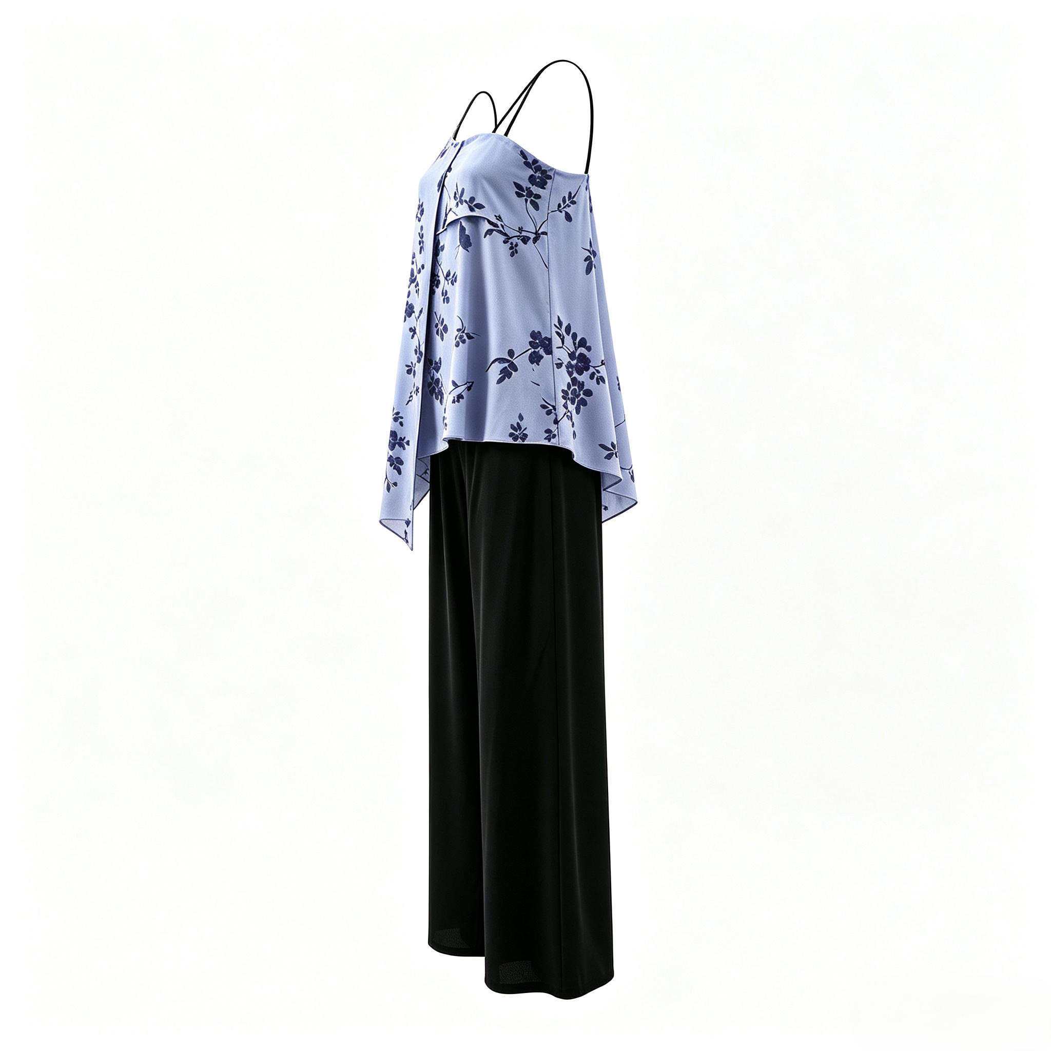 Elegant Blue Vine Print Irregular Camisole Black Loose Wide Leg Trousers Homewear Set   ODM Service – Custom Size, Logo & Style Available