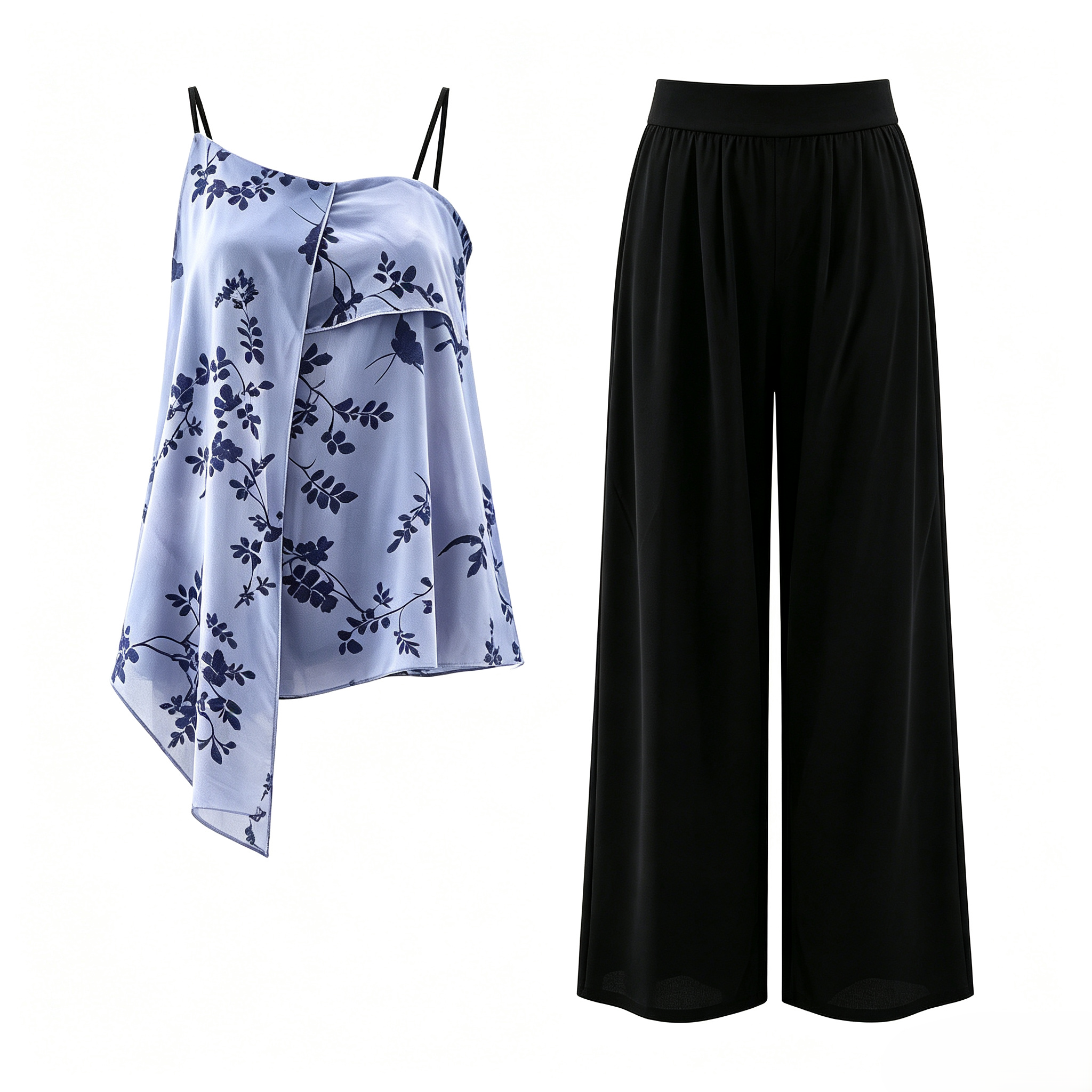 Elegant Blue Vine Print Irregular Camisole Black Loose Wide Leg Trousers Homewear Set   ODM Service – Custom Size, Logo & Style Available