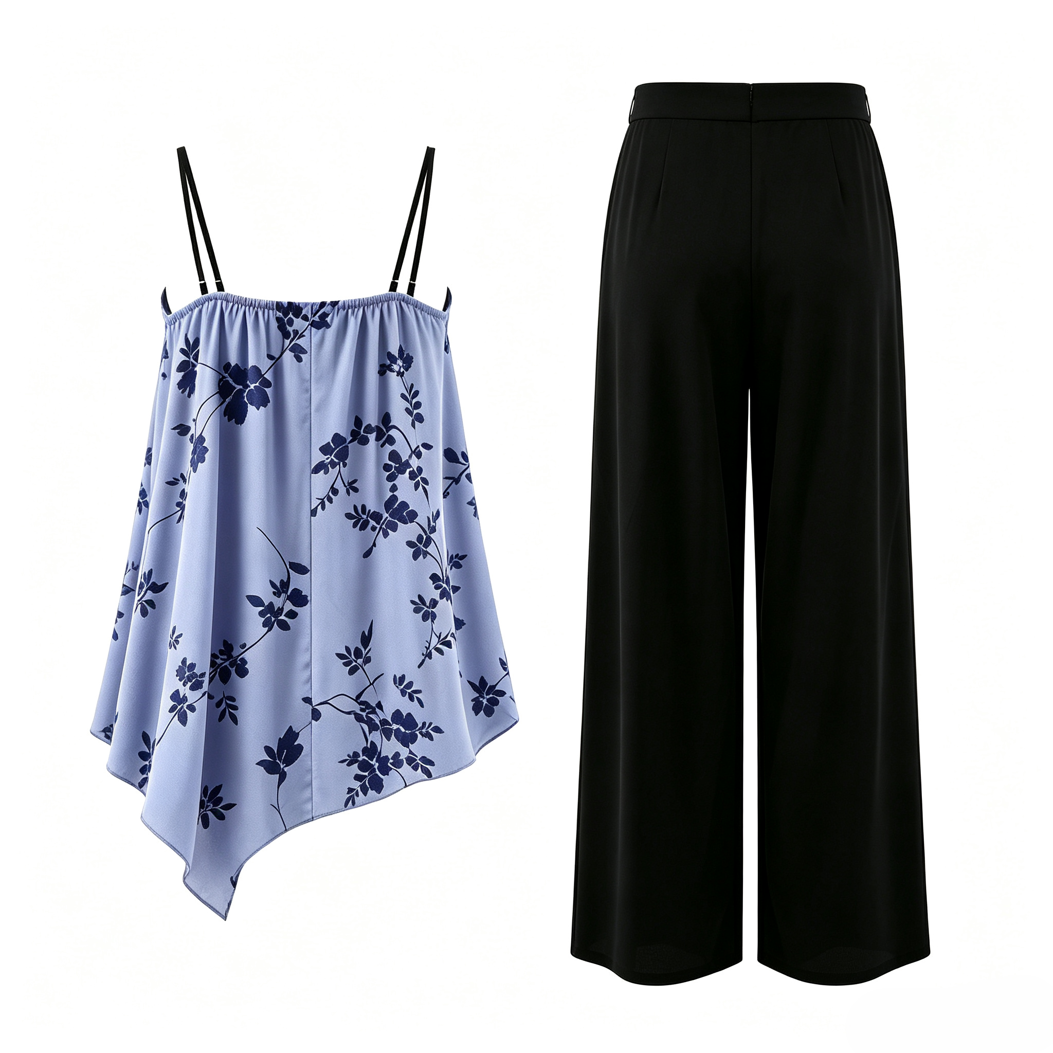 Elegant Blue Vine Print Irregular Camisole Black Loose Wide Leg Trousers Homewear Set   ODM Service – Custom Size, Logo & Style Available