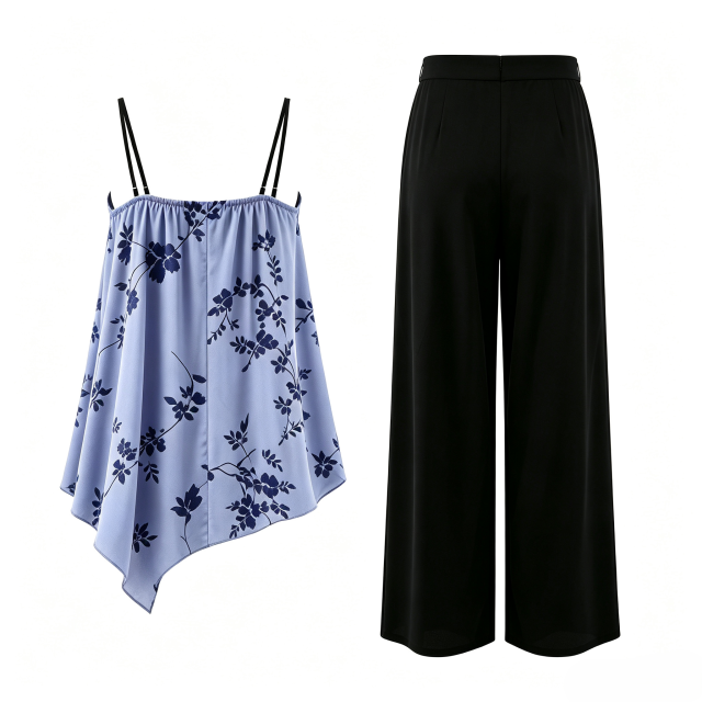 Elegant Blue Vine Print Irregular Camisole Black Loose Wide Leg Trousers Homewear Set   ODM Service – Custom Size, Logo & Style Available