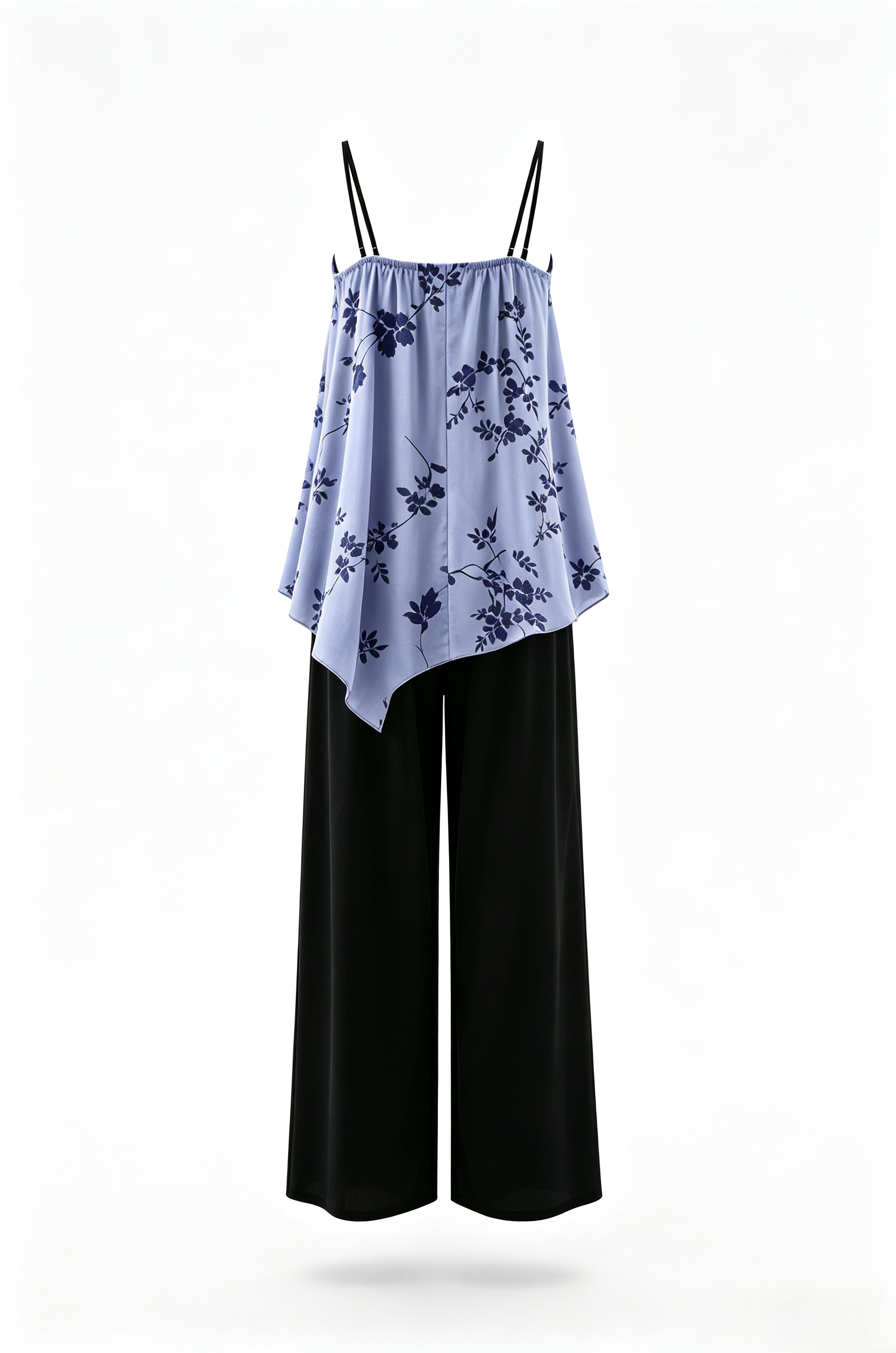 Elegant Blue Vine Print Irregular Camisole Black Loose Wide Leg Trousers Homewear Set   ODM Service – Custom Size, Logo & Style Available