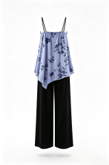 Elegant Blue Vine Print Irregular Camisole Black Loose Wide Leg Trousers Homewear Set   ODM Service – Custom Size, Logo & Style Available