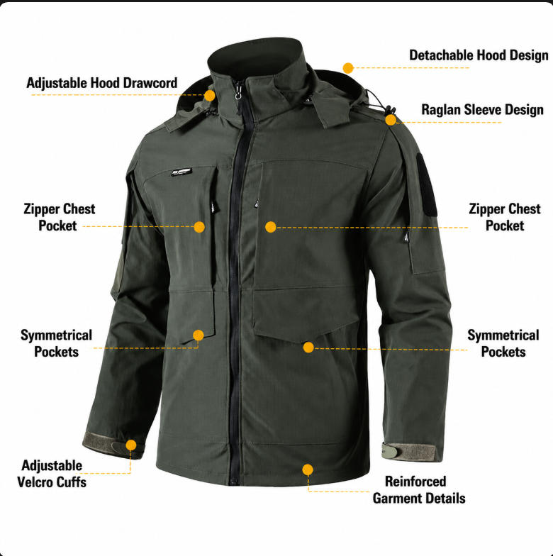 Men's Outdoor Tactical Jacket & Pants Set | Detachable Hood Waterproof Hiking Suit for Mountaineering, Training and Adventure  ODM Service – Custom Size, Logo & Style Available