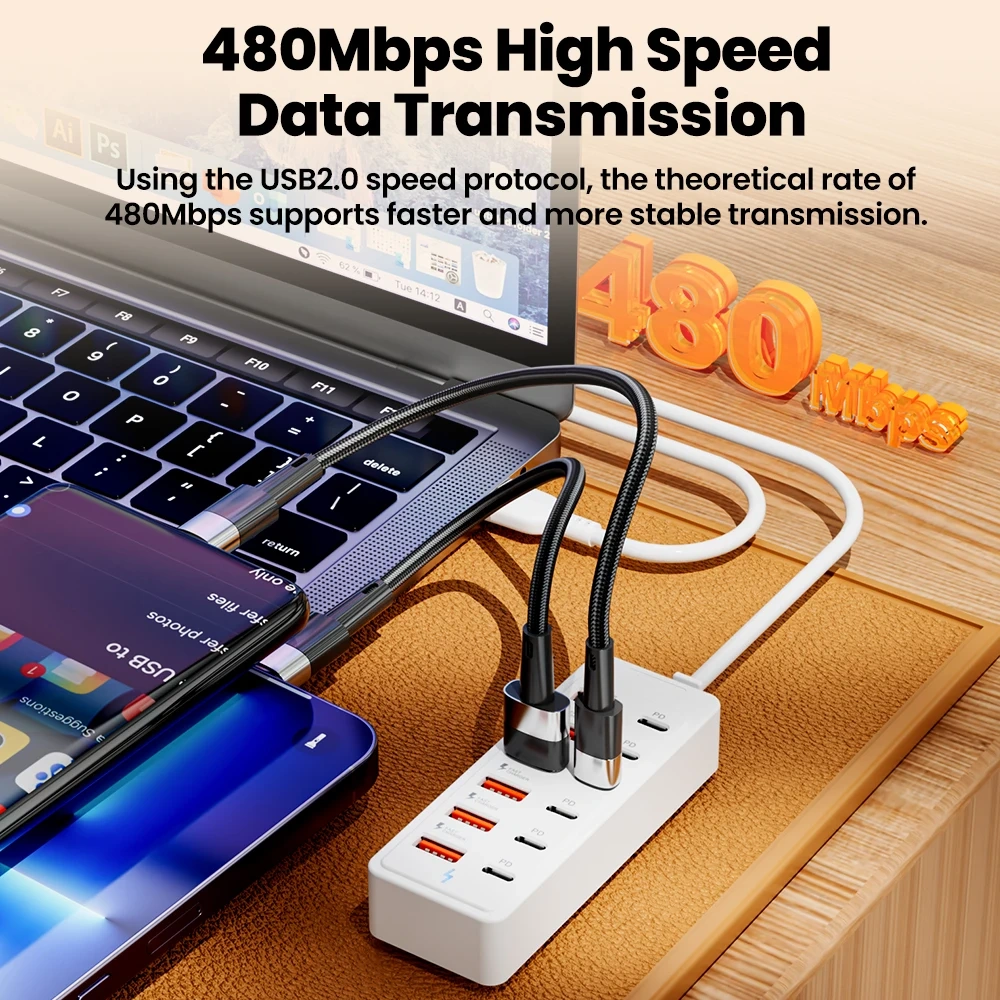 12-in-1 USB Splitter Socket USB2.0 High Speed Data Transfer Converter USB C Docking Station Fast Charging Plug for Home Office