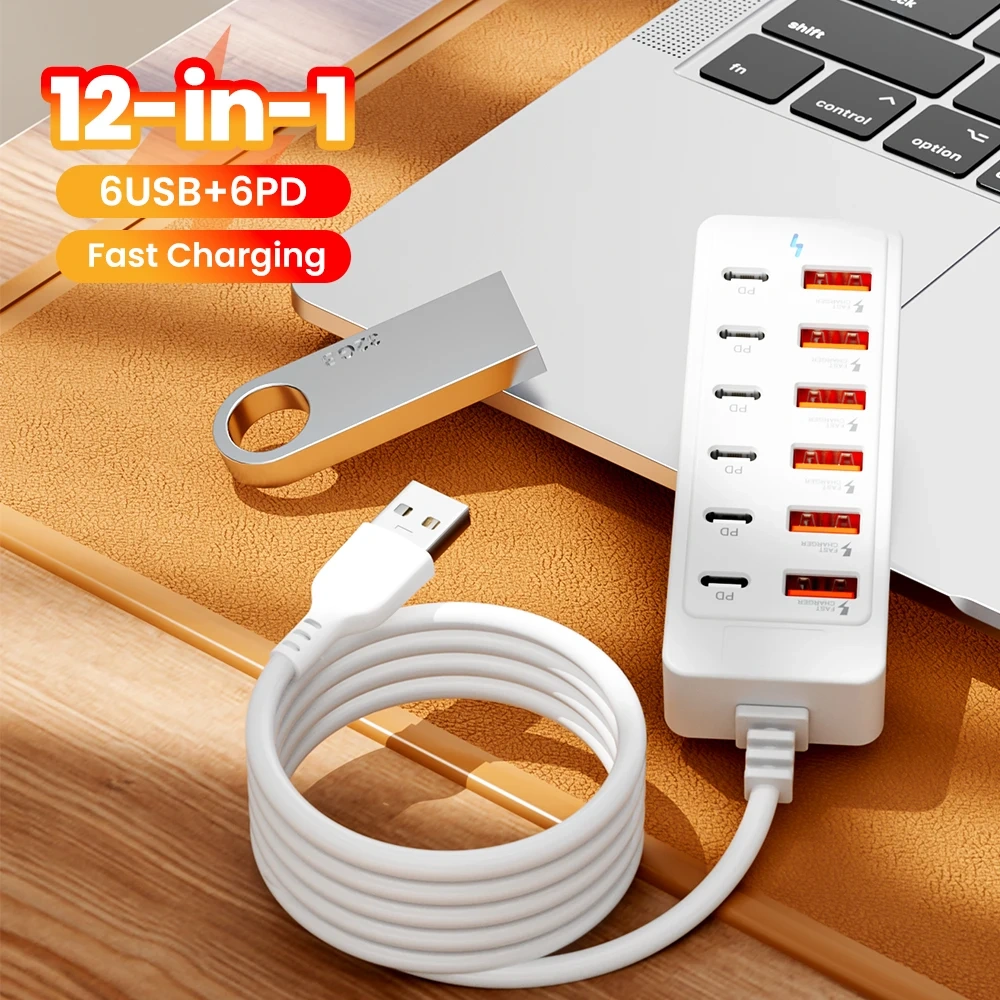 12-in-1 USB Splitter Socket USB2.0 High Speed Data Transfer Converter USB C Docking Station Fast Charging Plug for Home Office