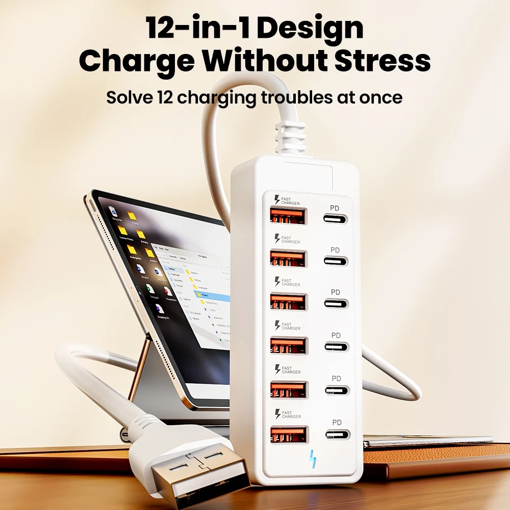 12-in-1 USB Splitter Socket USB2.0 High Speed Data Transfer Converter USB C Docking Station Fast Charging Plug for Home Office